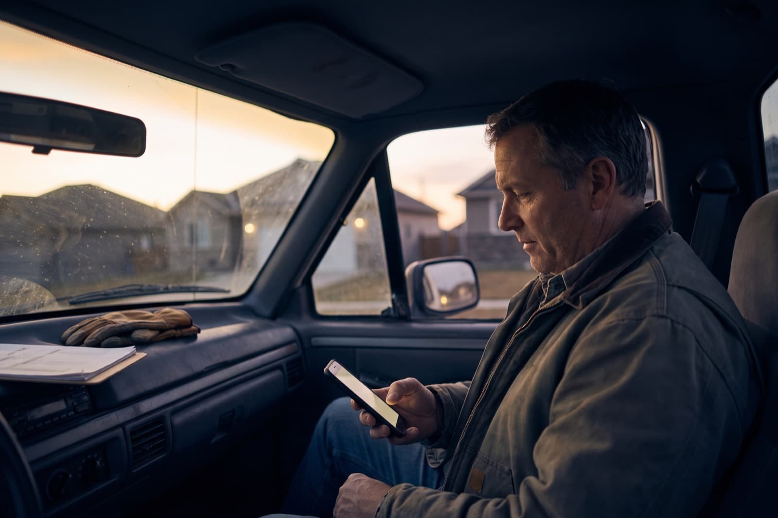 A contractor reviewing a quote on his phone from the cab of a work truck at dusk