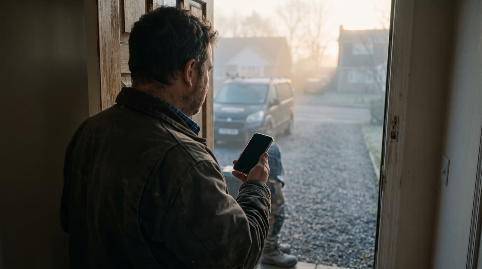A contractor in a doorway looking out at his truck, phone in hand