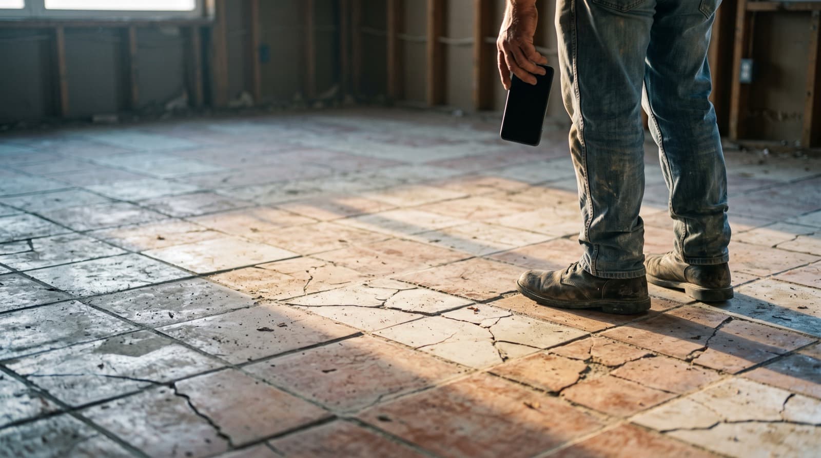 A contractor standing on a cracked tile floor mid-demo, phone in hand, describing the job