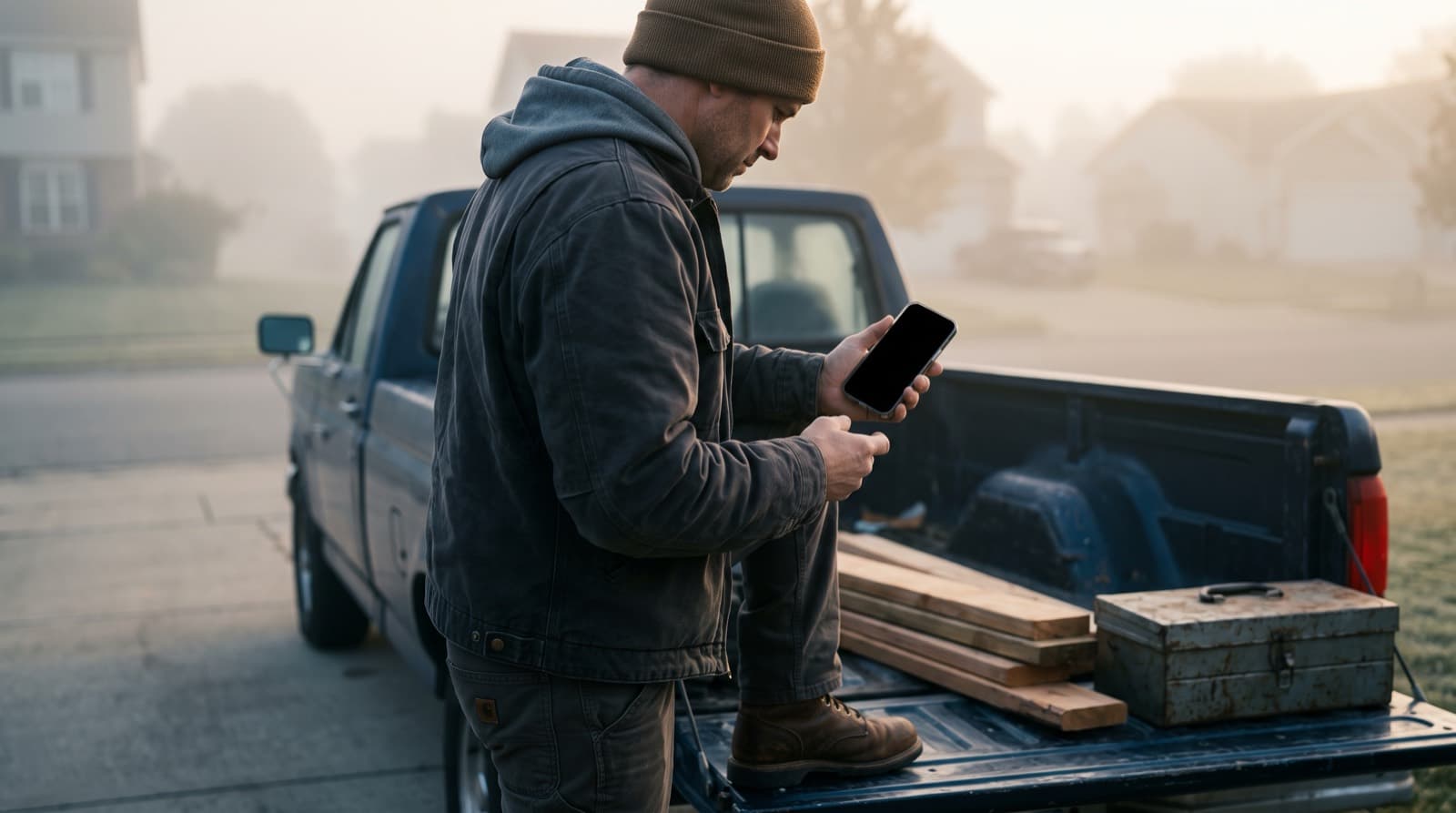 A contractor at the tailgate of his truck at dawn, checking the quote on his phone before driving off
